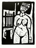 Artist: b'LAWTON, Tina' | Title: b'(Woman and jug)' | Date: c.1963 | Technique: b'linocut, printed in black ink, from one block'