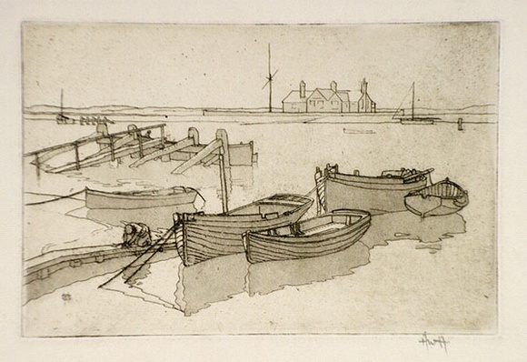 Artist: b'Hawkins, Weaver.' | Title: b'(Five rowboats and figure)' | Date: 1920 | Technique: b'etching and aquatint, printed in black ink, from one plate' | Copyright: b'The Estate of H.F Weaver Hawkins'