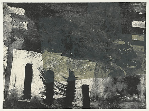 Artist: b'Koch-Sanders, Donny.' | Title: b'not titled [four black pillars in dark space with olive green square overlaid]' | Date: 1991 | Technique: b'lithograph, printed in colour, from two stones'