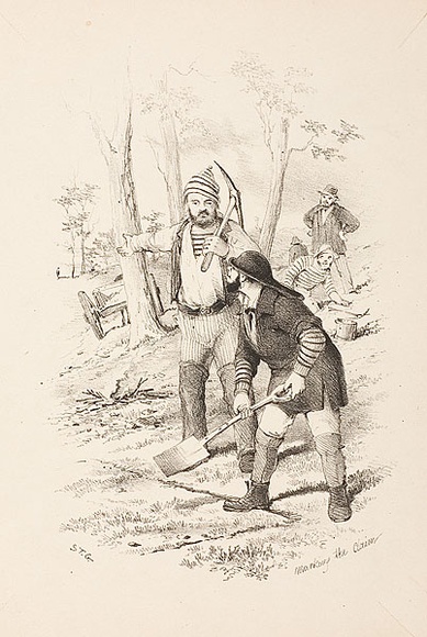 Artist: b'GILL, S.T.' | Title: b'Marking the claim.' | Date: 1852 | Technique: b'lithograph, printed in black ink, from one stone'