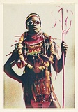 Artist: b'McDiarmid, David.' | Title: b'not titled [Afro-American with spear, plain background]: postcard from the series Urban Tribalwear.' | Date: (1980) | Technique: b'photocopy, printed in colour' | Copyright: b'Courtesy of copyright owner, Merlene Gibson (sister)'