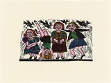 Artist: b'HANRAHAN, Barbara' | Title: b'Girls and birds' | Date: 1988 | Technique: b'linocut, printed in black ink, from one block, hand-coloured'
