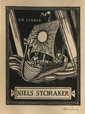 Artist: FEINT, Adrian | Title: Bookplate: Niels Storaker. | Date: (1936) | Technique: wood-engraving, printed in black ink, from one block | Copyright: Courtesy the Estate of Adrian Feint