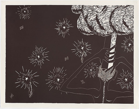 Artist: b'COLEING, Tony' | Title: b'Battlefield (person holding base of crucifix on head).' | Date: 1986 | Technique: b'linocut, printed in black ink, from one block'