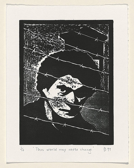 Artist: b'Ththerleigh, David.' | Title: b'The world may never change' | Date: 1999 | Technique: b'linocut, printed in black ink, from one block'