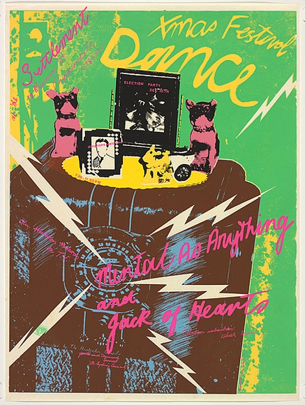 Title: b'Xmas Festival Dance - at the Settlement. Mental as Anything and Jack of Hearts.' | Date: 1977 | Technique: b'screenprint, printed in colour, from six stencils'
