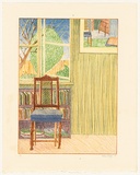 Title: not titled [chair upholstered in blue cloth, bookcase and window at rear] | Date: 1978 | Technique: lithograph, printed in colour, from multiple stones [or plates]