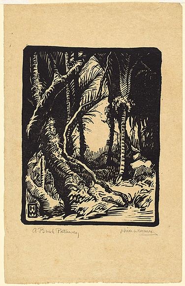 Title: b'A bush pathway' | Date: c.1930s | Technique: b'linocut, printed in black ink, from one block'