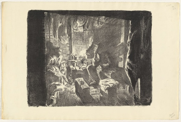 Artist: b'Dyson, Will.' | Title: b'Home comforts in the tunnels, Hill 60.' | Date: 1918 | Technique: b'lithograph, printed in black ink, from one stone Arnold unbleached'