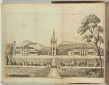 Title: bFront view of the new church and King's male and female orphan schools now in progress of building at Newtown, January 1831. | Date: 1831 | Technique: b'etching, printed in black ink, from one plate'