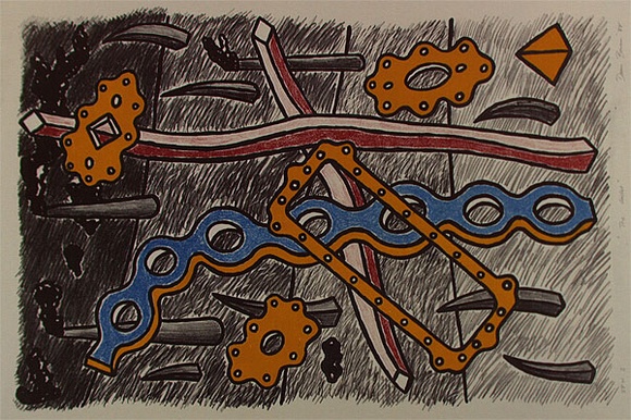 Artist: b'Bowen, Dean.' | Title: b'The gasket' | Date: 1988 | Technique: b'lithograph, printed in colour, from two plates; hand-coloured in crayon'