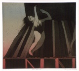Artist: b'BALDESSIN, George' | Title: b'The dance.' | Date: 1973 | Technique: b'etching and aquatint, printed in brown ink, from one shaped plate over gradated colour roll.'
