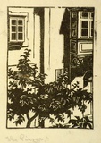Artist: b'Hawkins, Weaver.' | Title: b'The Piazza' | Date: c.1930 | Technique: b'woodcut, printed in black ink, from one block' | Copyright: b'The Estate of H.F Weaver Hawkins'