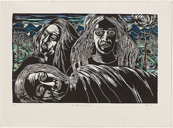 Title: b'A family affair' | Date: 1996 | Technique: b'linocut, printed in black ink from one block; hand-coloured'