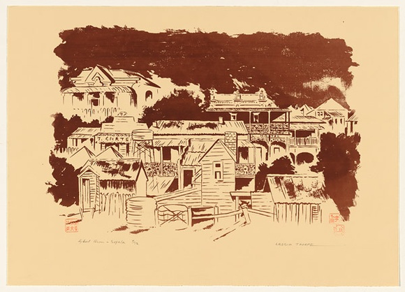 Artist: Thorpe, Lesbia. | Title: Ghost town, Sofala | Date: 1983 | Technique: screenprint, printed in brown ink, from one screen