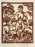 Artist: Stephen, Clive. | Title: (Nude in landscape) | Date: c.1948 | Technique: linocut, printed in brown ink, from one block