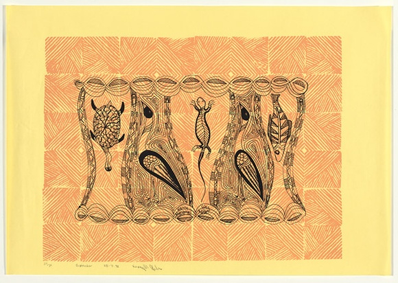 Artist: Giles (Kurwingie), Kerry. | Title: Bush tucker | Date: 1990s | Technique: linocut, printed in colour, from two blocks