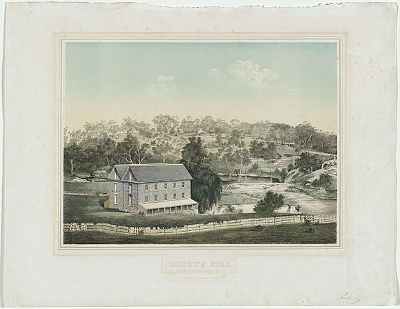 Artist: b'Cogne, Francois.' | Title: bDight's Mill, Yarra Yarra Falls. | Date: 1863 | Technique: b'lithograph, printed in brown, from one stone; hand-coloured'