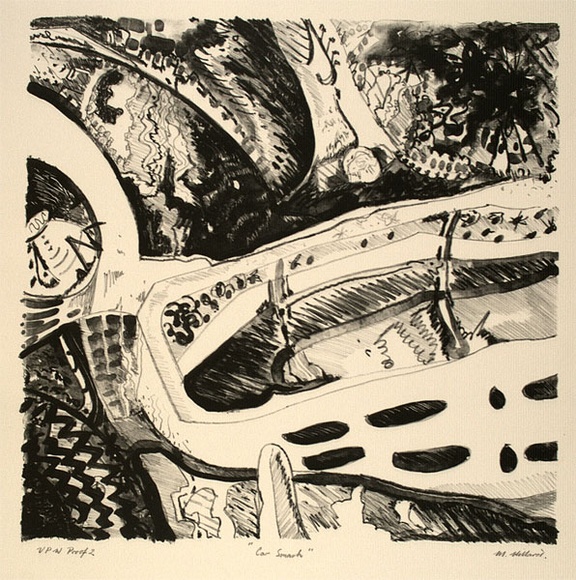 Artist: Hillard, Merris. | Title: Car smash | Date: c.1986 | Technique: crayon lithograph, printed in black ink, from one plate