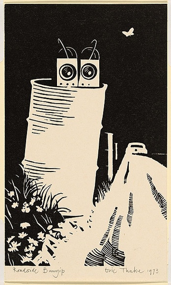 Artist: b'Thake, Eric.' | Title: b'Greeting card: Christmas Roadside bunyip' | Date: 1973 | Technique: b'linocut, printed in black ink, from one block'