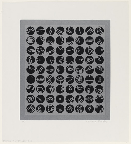 Artist: b'LEACH-JONES, Alun' | Title: b'Black and silver, seventy two discs' | Date: 1968 | Technique: b'screenprint, printed in colour, from multiple stencils' | Copyright: b'Courtesy of the artist'