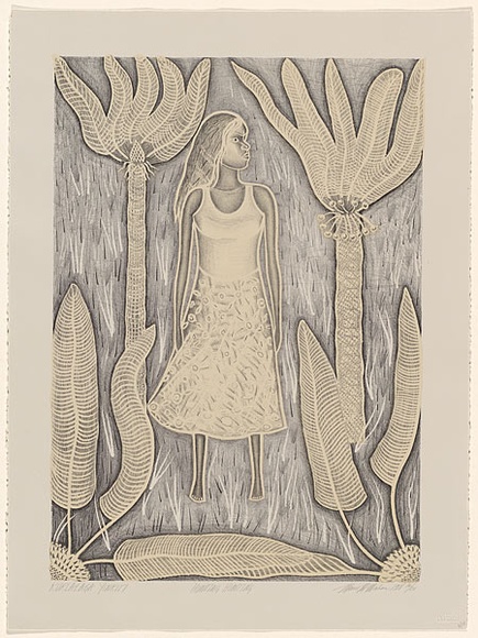 Artist: b'McMahon, Marie.' | Title: b'Kulalaga yinkiti-Hunting hunting' | Date: 1988 | Technique: b'lithograph, printed in black ink, from one stone [or plate]' | Copyright: b'\xc2\xa9 Marie McMahon. Licensed by VISCOPY, Australia'