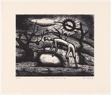 Artist: b'Mombassa, Reg.' | Title: b'Presley monster buries an egg' | Date: 2005 | Technique: b'etching and aquatint, printed in black ink, from one plate'