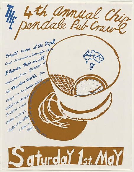 Artist: b'WORSTEAD, Paul' | Title: b'4th Annual Chippendale Pub Crawl.' | Date: 1976 | Technique: b'screenprint, printed in colour, from two stencils,' | Copyright: b'This work appears on screen courtesy of the artist'