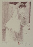 Artist: b'Wong Hoo Foon, Stanley.' | Title: b'not titled [drinking tea]' | Date: 1986 | Technique: b'lithograph, printed in red madder ink, from stone'