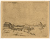 Artist: Bell, George.. | Title: (River with boats and buildings). | Date: c.1912 | Technique: etching, printed in black ink, from one plate