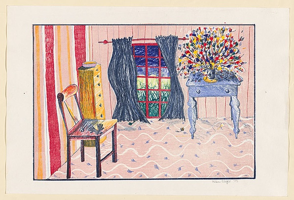 Artist: Eager, Helen. | Title: (Garden through the window). | Date: 1975 | Technique: lithograph, printed in colour, from multiple blocks; with cut section folding to reveal 2nd colour lithograph