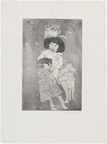 Artist: b'WALKER, Murray' | Title: b'Big woman and flasher.' | Date: 1976 | Technique: b'etching and aquatint, printed in black ink, from one plate'