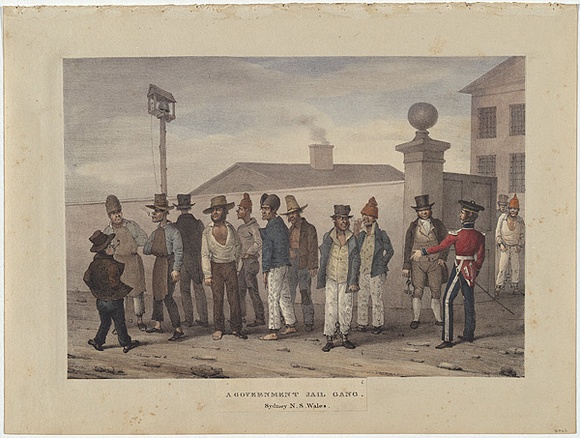 Artist: Earle, Augustus. | Title: A government jail gang, Sydney N.S. Wales. | Date: 1830 | Technique: lithograph, printed in black ink, from one stone; hand-coloured