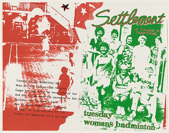 Artist: b'WORSTEAD, Paul' | Title: b'Settlement, Tuesday womans badminton' | Date: 1976 | Technique: b'screenprint, printed in colour, from multiple stencils' | Copyright: b'This work appears on screen courtesy of the artist'