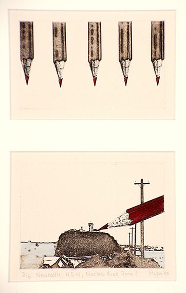 Artist: b'Robinson, Pippa' | Title: b'Newcastle N.S.W. nuclear free zone?' | Date: 1985 | Technique: b'etching, hand-coloured'