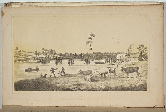 Artist: b'Ham Brothers.' | Title: b'Bridge over the Yarra, Melbourne 1850.' | Date: 1850 | Technique: b'lithograph, printed in colour, from two stones (black image, yellow tint)'