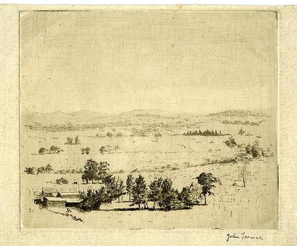 Artist: b'Farmer, John.' | Title: b'(Landscape with farm buildings).' | Date: 1950's | Technique: b'etching, printed in brown ink with plate-tone, from one  plate'