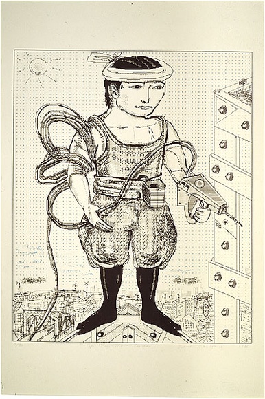 Artist: b'Mantzaris, Diane.' | Title: b'The Fuji-Mart Builder' | Date: 1988 | Technique: b'lithograph, printed in colour, printed from multiple stones [or plates], from computer-generated image' | Copyright: b'\xc2\xa9 Diane Mantzaris, Licensed by VISCOPY, Australia'