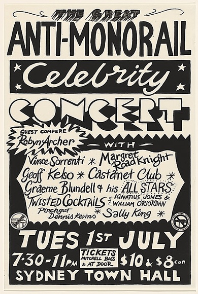 Artist: b'Scapm Supporters.' | Title: b'The Great Anti-Monorail Celebrity Concert' | Date: 1986 | Technique: b'screenprint, printed in black ink, from one stencil'