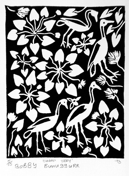 Artist: b'Bununggurr, Bobby.' | Title: b'Swamp story' | Date: 1993 | Technique: b'linocut, printed in black ink, from one block'