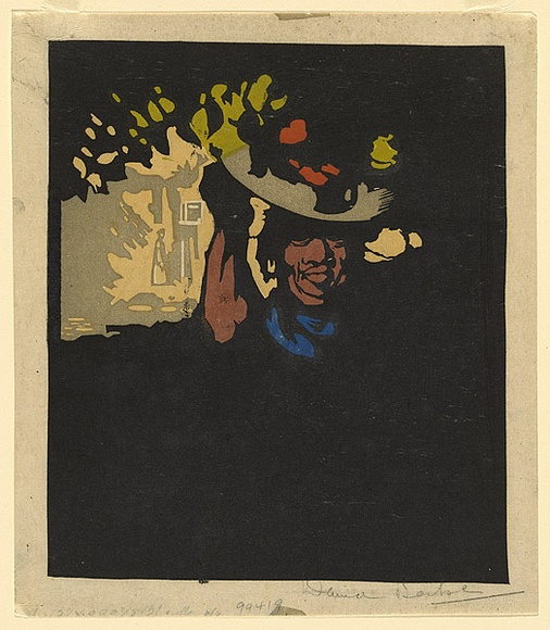 Artist: b'Barker, David.' | Title: b'no title (Negro woman with hat).' | Date: c.1930 | Technique: b'linocut, printed in colour, from multiple blocks'