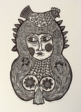 Artist: b'HANRAHAN, Barbara' | Title: b'Girl with a bird on her head.' | Date: 1989 | Technique: b'linocut, printed in black ink, from one block'