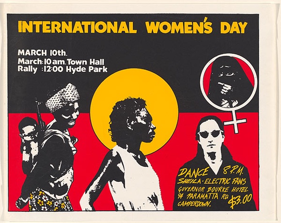 Artist: b'Fieldsend, Jan.' | Title: bInternational Women's Day [1979]. | Date: 1979 | Technique: b'screenprint, printed in colour, from multiple stencils' | Copyright: b'\xc2\xa9 Marie McMahon. Licensed by VISCOPY, Australia'