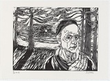 Artist: b'ZOFREA, Salvatore' | Title: b'Self-portrait at Manly Beach.' | Date: 1994-99 | Technique: b'woodcut, printed in black ink, from one magnolia woodblock' | Copyright: b'\xc2\xa9 Salvatore Zofrea, 1994-1999'