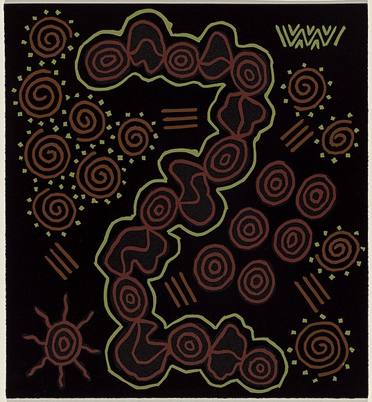 Artist: b'Leslie, Lawrence.' | Title: b'Mehi River Camp' | Date: 1997 | Technique: b'linocut, printed in colour, from four blocks'