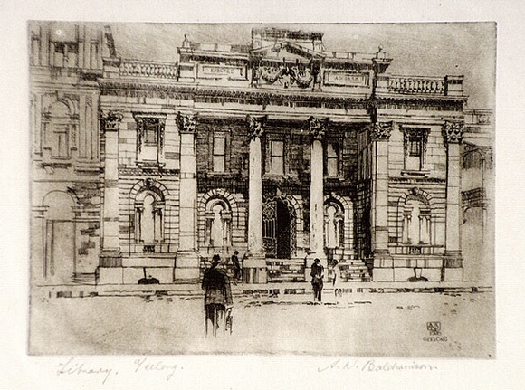 Artist: b'Baldwinson, Arthur.' | Title: b'Free Library, Geelong.' | Date: 1928 | Technique: b'etching, printed in dark brown ink with plate-tone, from one  plate'