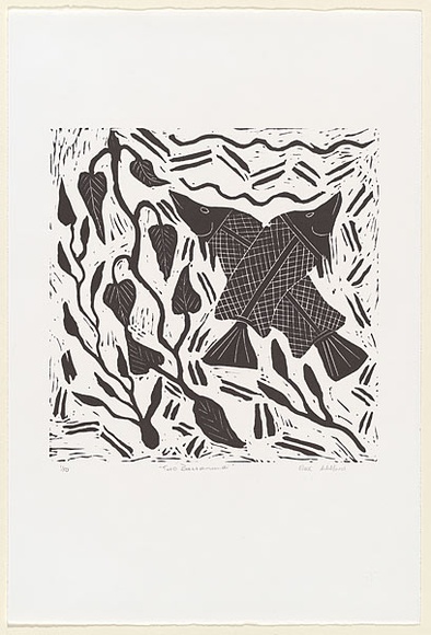 Artist: b'Wilfred, Rex.' | Title: b'Two barramundi' | Date: c.2001 | Technique: b'linocut, printed in black ink, from one block'