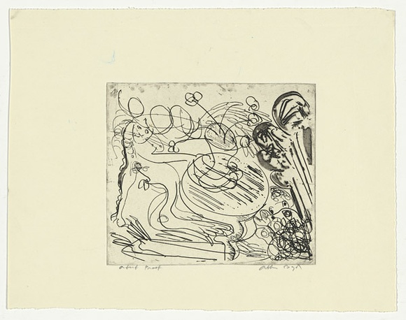 Artist: b'BOYD, Arthur' | Title: bRam and potter's wheel with pot of flowers. | Date: (1968-69) | Technique: b'etching and drypoint, printed in black ink, from one plate' | Copyright: b'Reproduced with permission of Bundanon Trust'