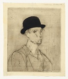 Artist: b'WILLIAMS, Fred' | Title: b'Portrait of Selwyn Tebbutt' | Date: 1954-55 | Technique: b'etching, printed in black ink with plate-tone, from one zinc plate' | Copyright: b'\xc2\xa9 Fred Williams Estate'