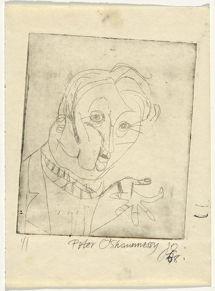 Artist: b'Olsen, John.' | Title: bPeter O'Shaunnessy | Date: 1968 | Technique: b'etching and drypoint, printed in black ink, from one plate' | Copyright: b'\xc2\xa9 John Olsen. Licensed by VISCOPY, Australia'